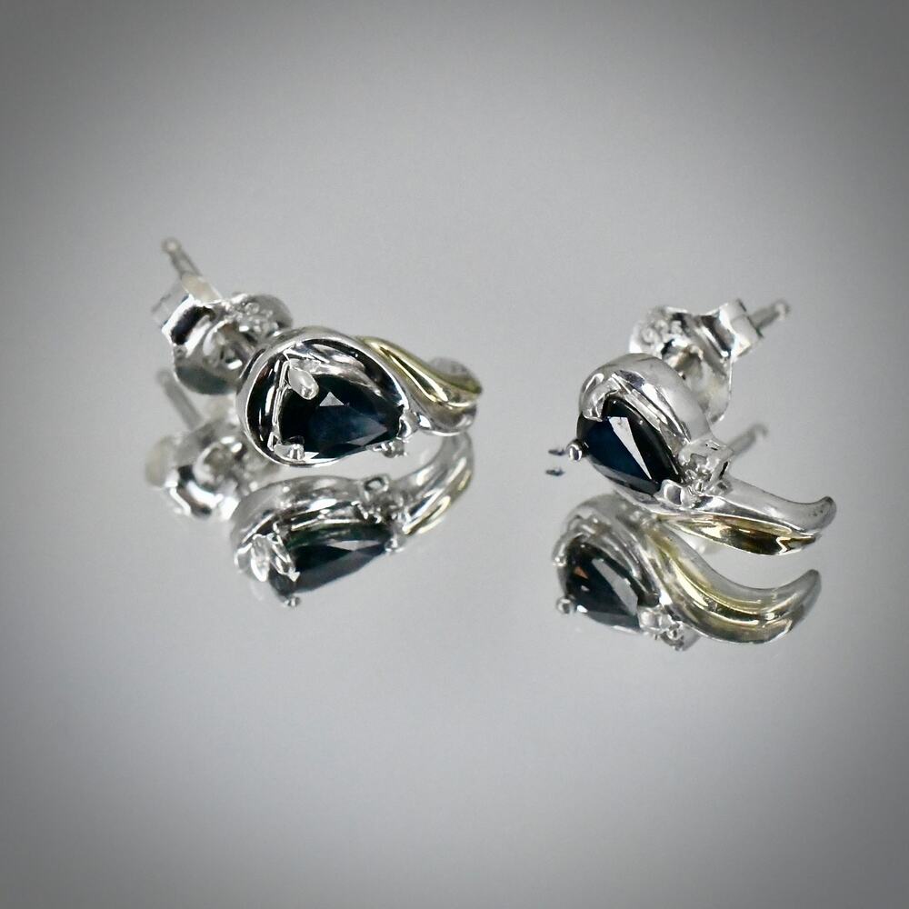 Alwand Vahan AV 14k Gold 925 Silver Blue Sapphire Drop Post Stud Earrings 13mm